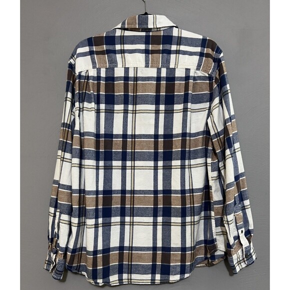 George Men’s Button Down Plaid L/S Flannel Shirt Cream Khaki Blue Size XL - Picture 2 of 6